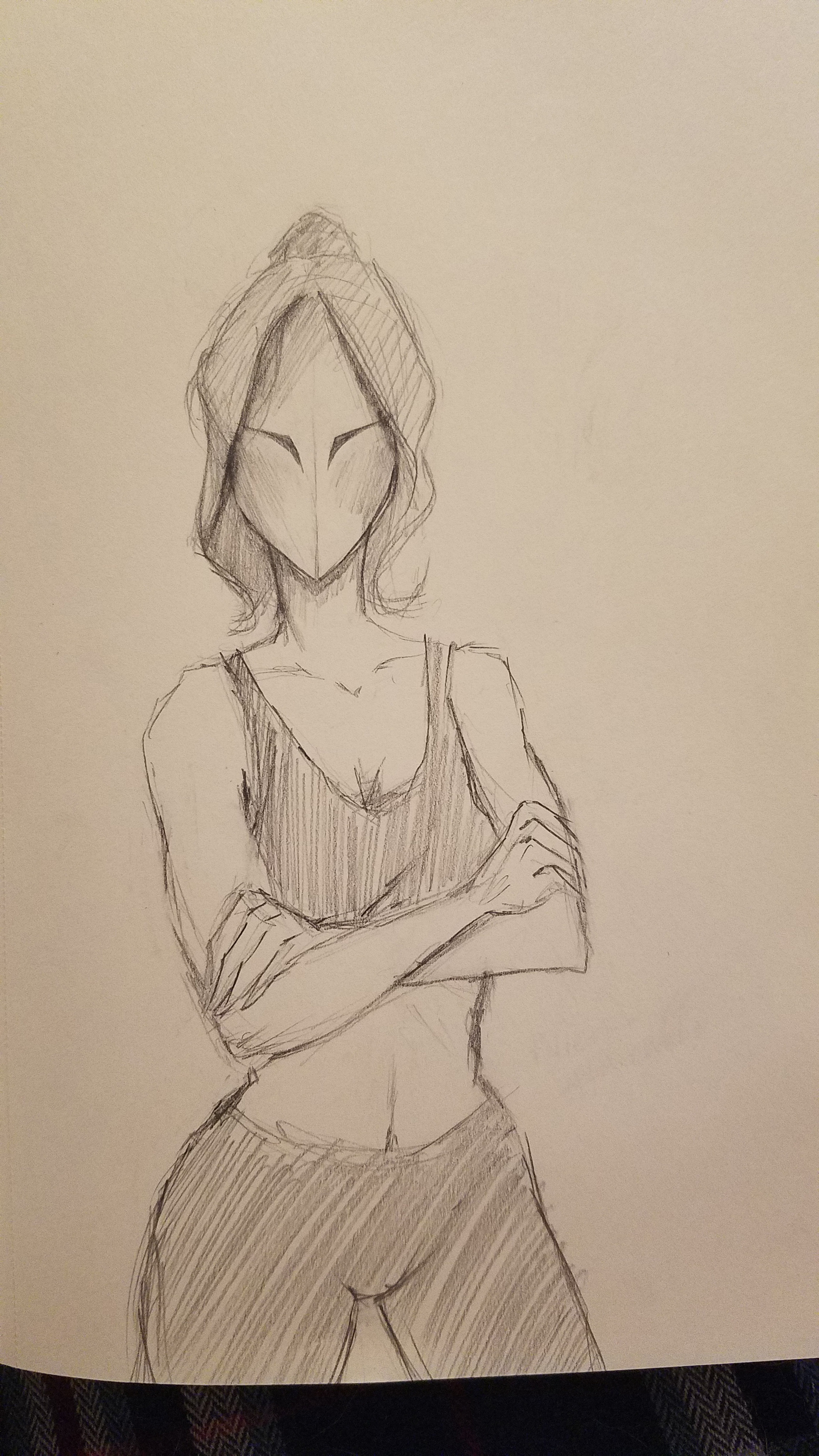 Pencil drawing of a masked figure standing