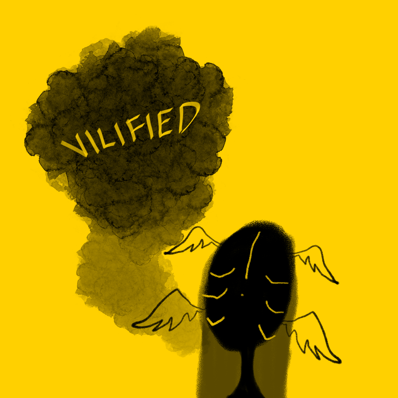 Yellow digital art of a figure with the word Vilified